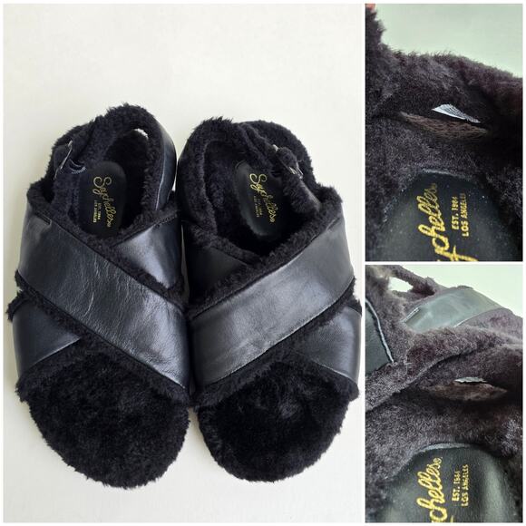 Faux Fur Sandals Seychelles No Such Thing Size 7 Black Leather Slipper Slingback - Picture 11 of 13